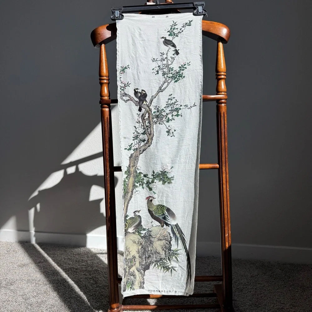 Bird & Tree Printed Scarf - White with Green and Brown Detail